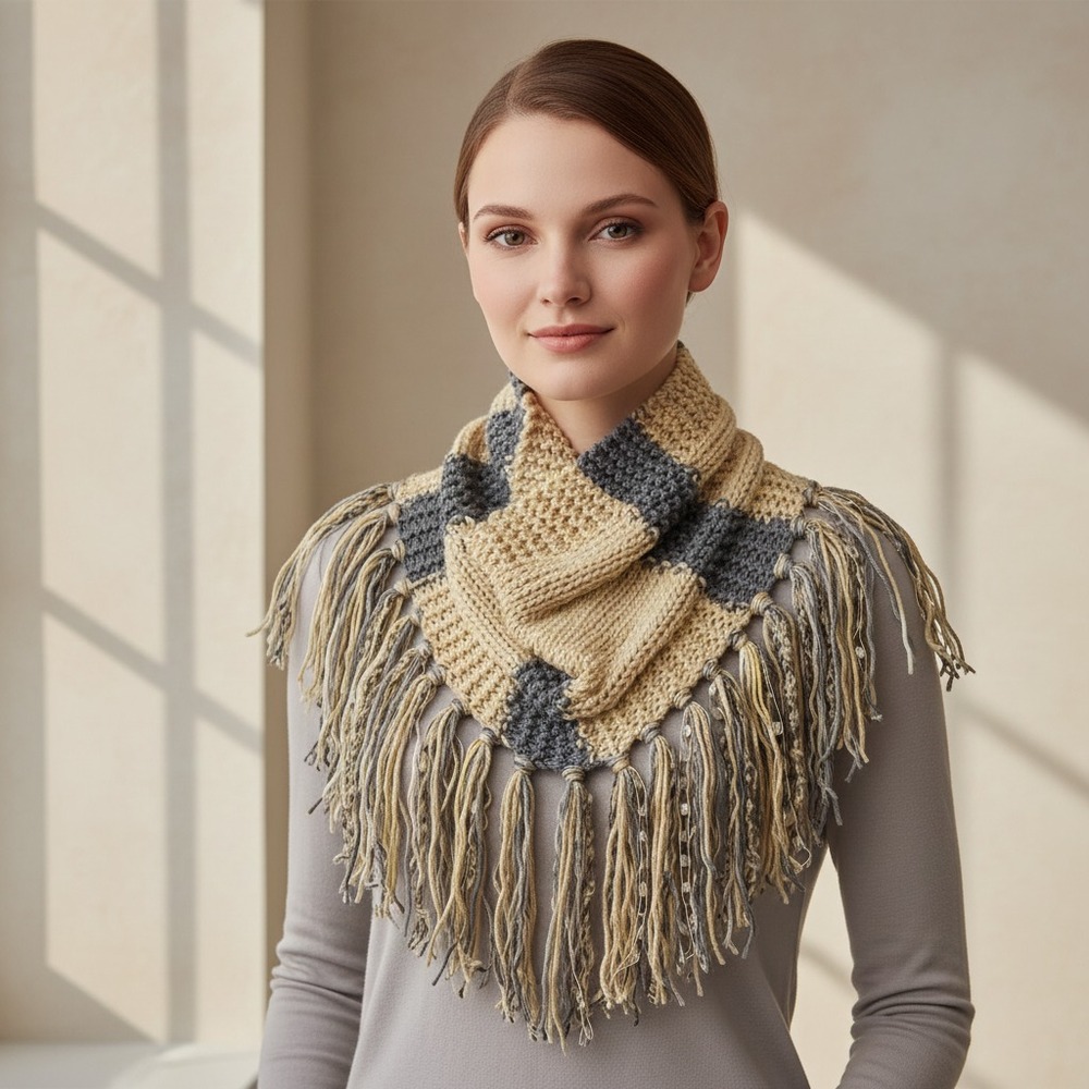 NEW Hand‎ Knitted Beige Gray Cowl Scarf Fringe Boho Cottage Artsy Indie Earthy